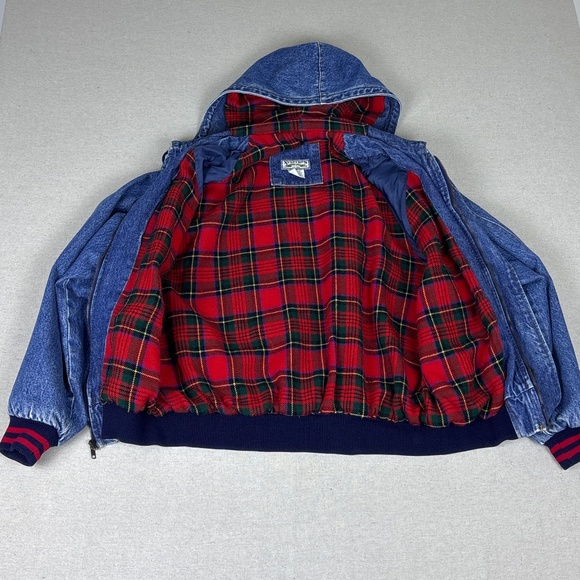 Vintage 80’s Xceptions Drop Shoulder Red Flannel Lined Striped Denim Hoodie Rare - Picture 5 of 7
